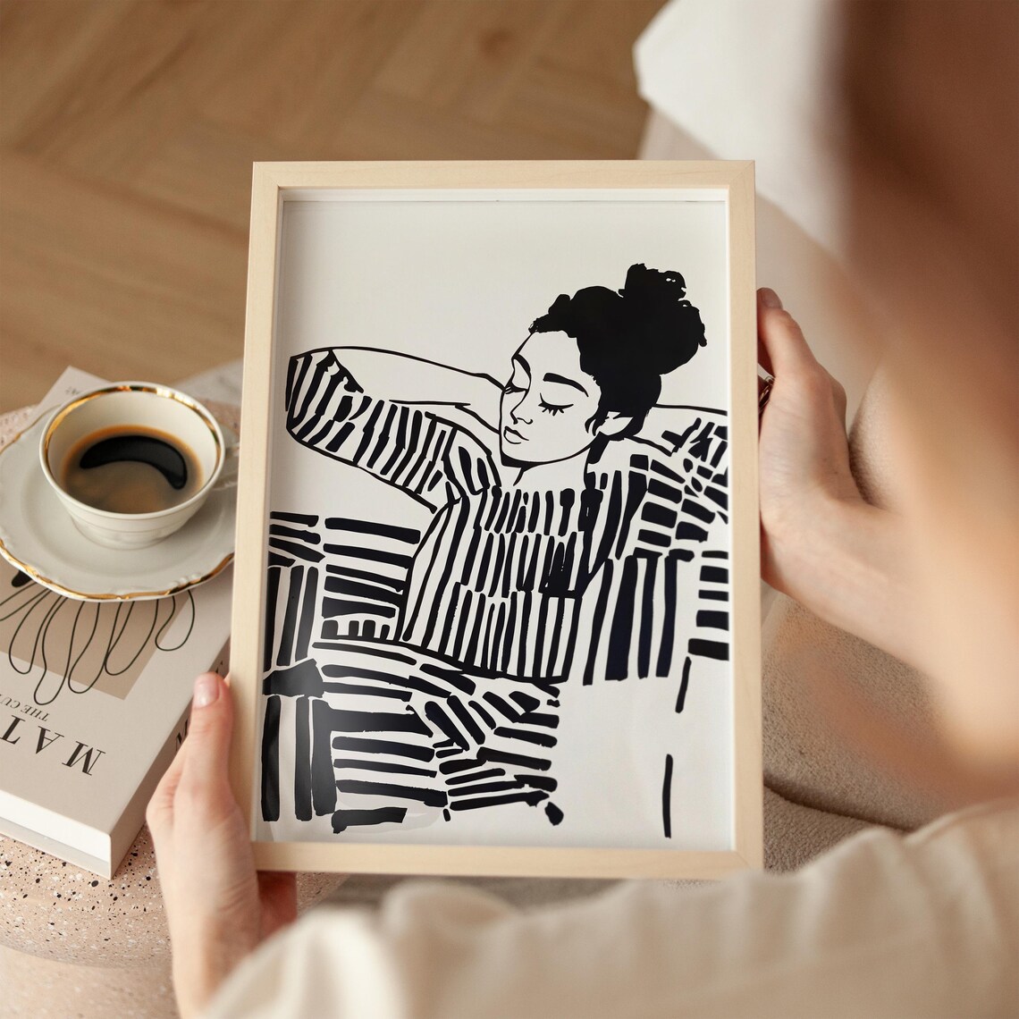 Resting Woman in Black and White Stripes Ink Illustration Poster - Image 3