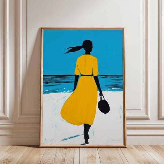 Woman In Yellow Dress On Beach Modern Seaside Silhouette Art Bold Minimalist Coastal Wall Decor