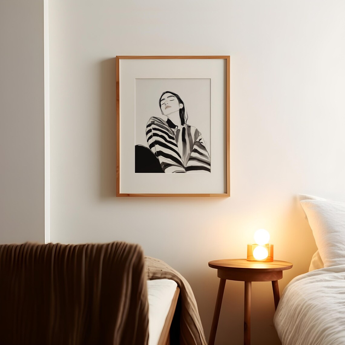 Subtle Striped Woman Portrait Monochrome Minimalist Art Poster - Image 2