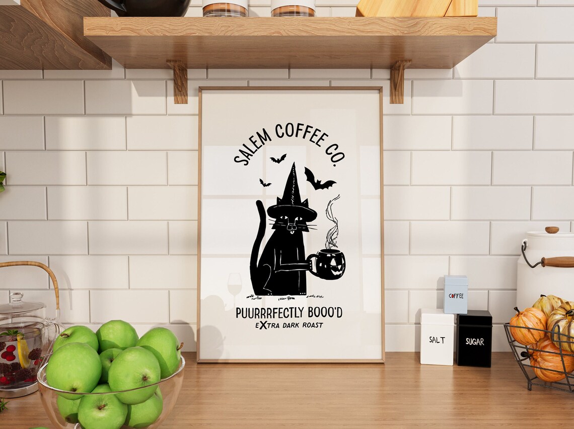 Spooky Coffee Cat Kitchen Dining Poster