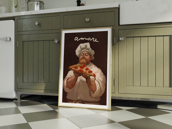 Funny Kitchen Art Wall Decor Pizza Love Vintage Style Classical Painting Poster Print Art Cooking Humor Food Gift