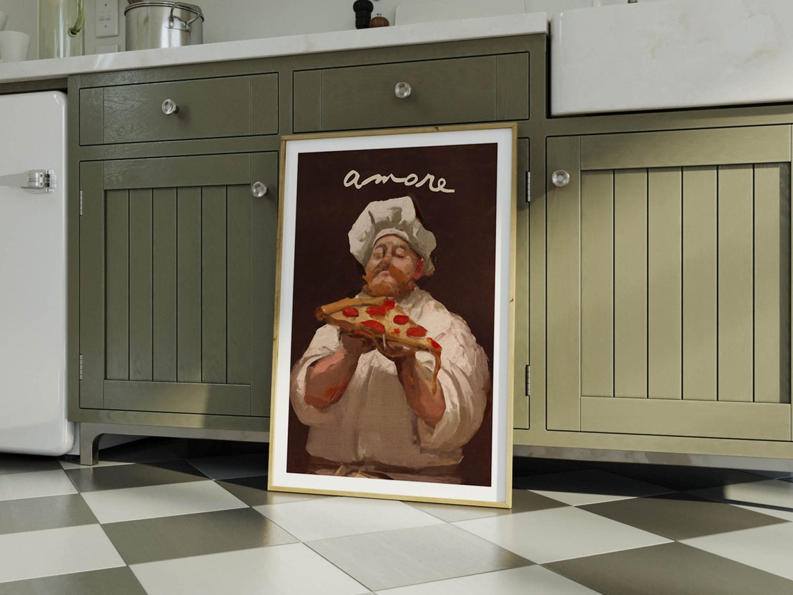 Amore Italian Chef Holding Pepperoni Pizza Vintage Painting Poster