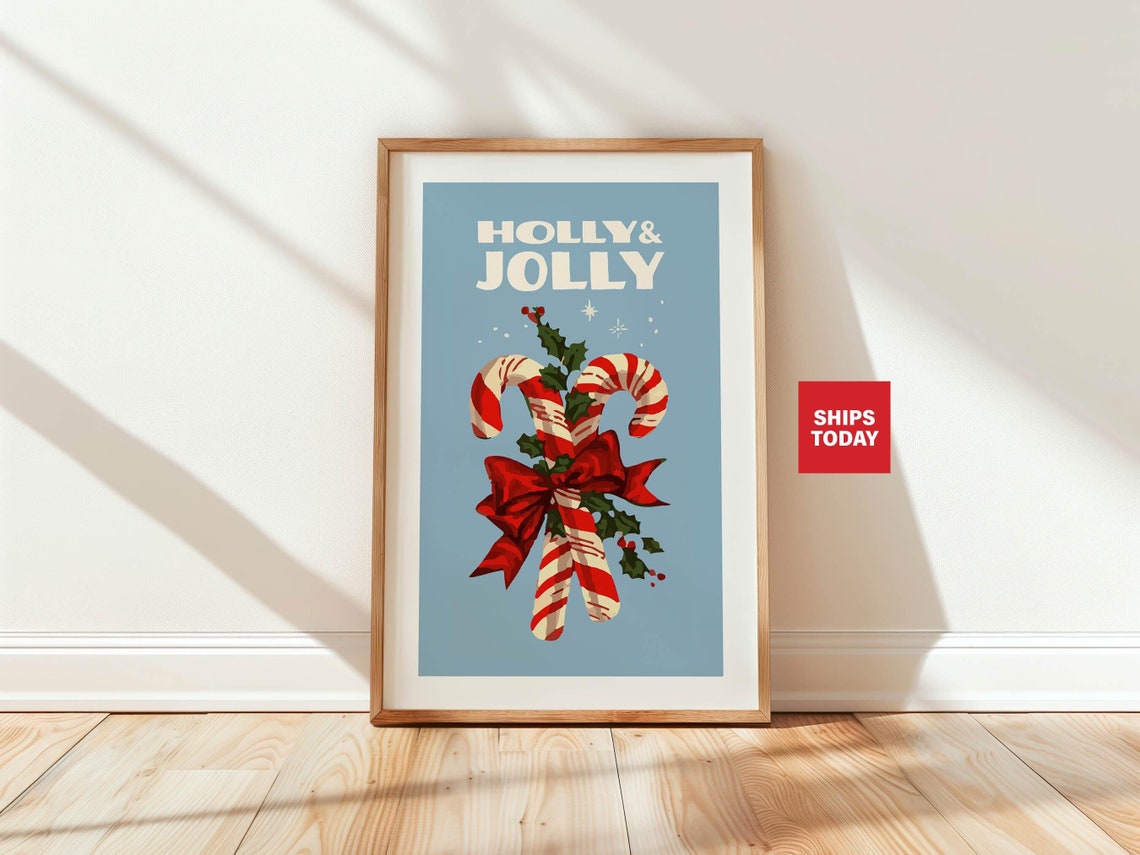 Holly And Jolly Candy Canes Retro Christmas Holiday Art Poster