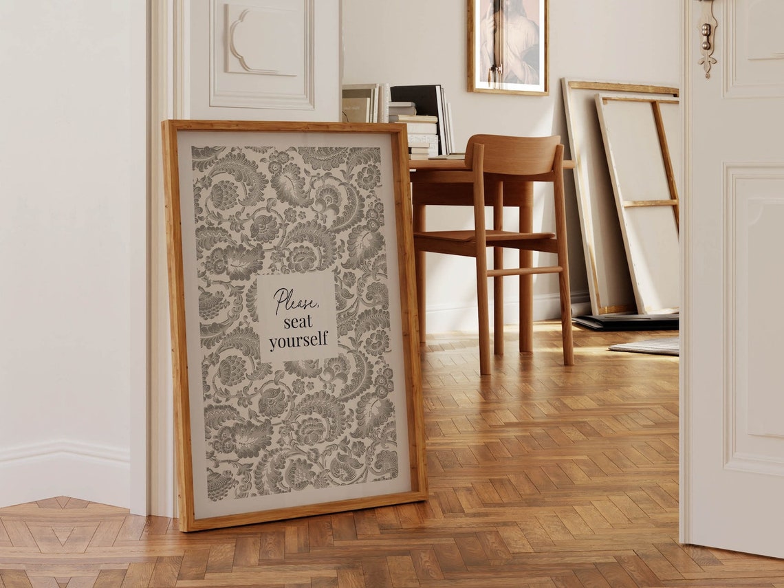Please Seat Yourself Gray Floral Damask Bathroom Humor Poster