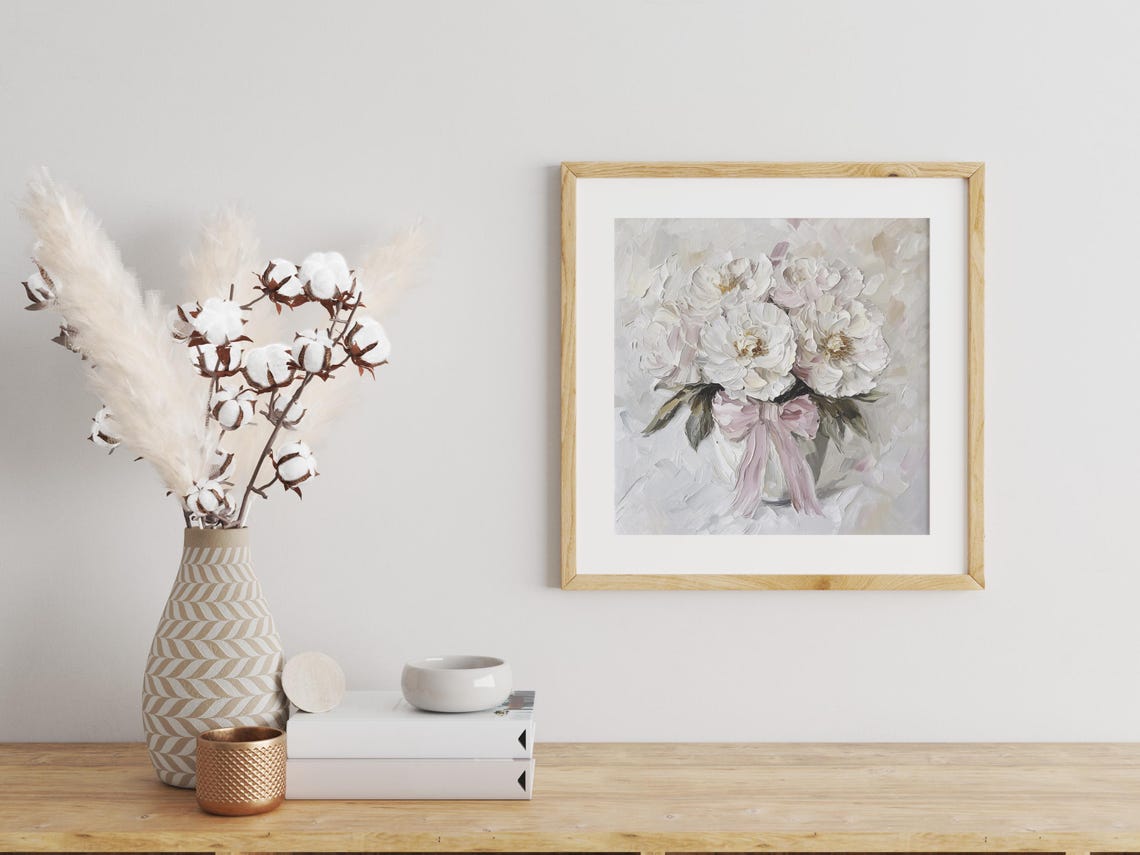 Peony Oil Print Pink Bow Wall Art Flowers Bouquet Painting Neutral Pink Beige Floral Print From An Original Oil Painting - Image 2