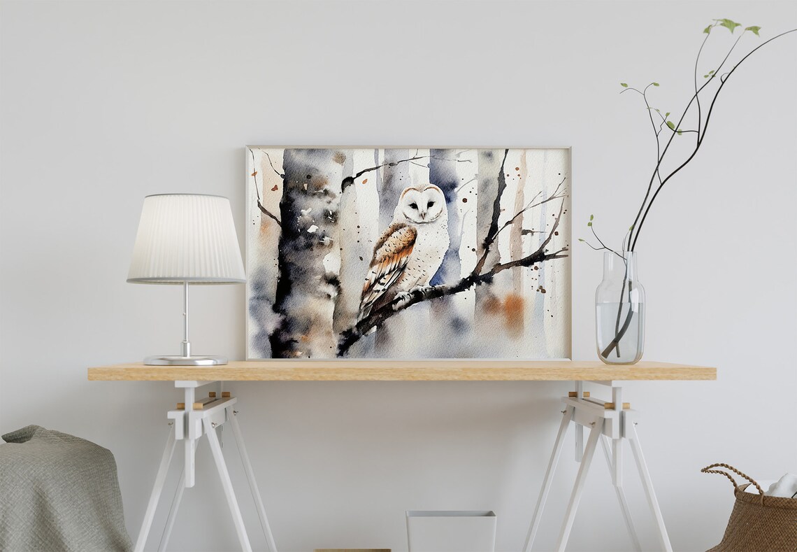 White Owl Watercolor Art Print, Winter Forest - Image 5