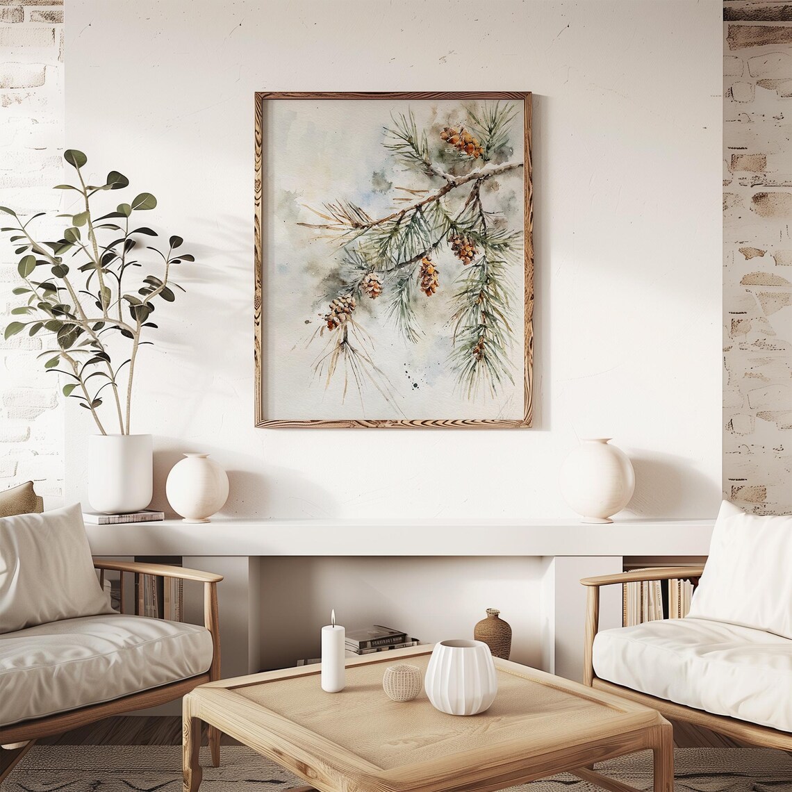 Pine Branch and Pine Cone Watercolor Art Print - Image 3