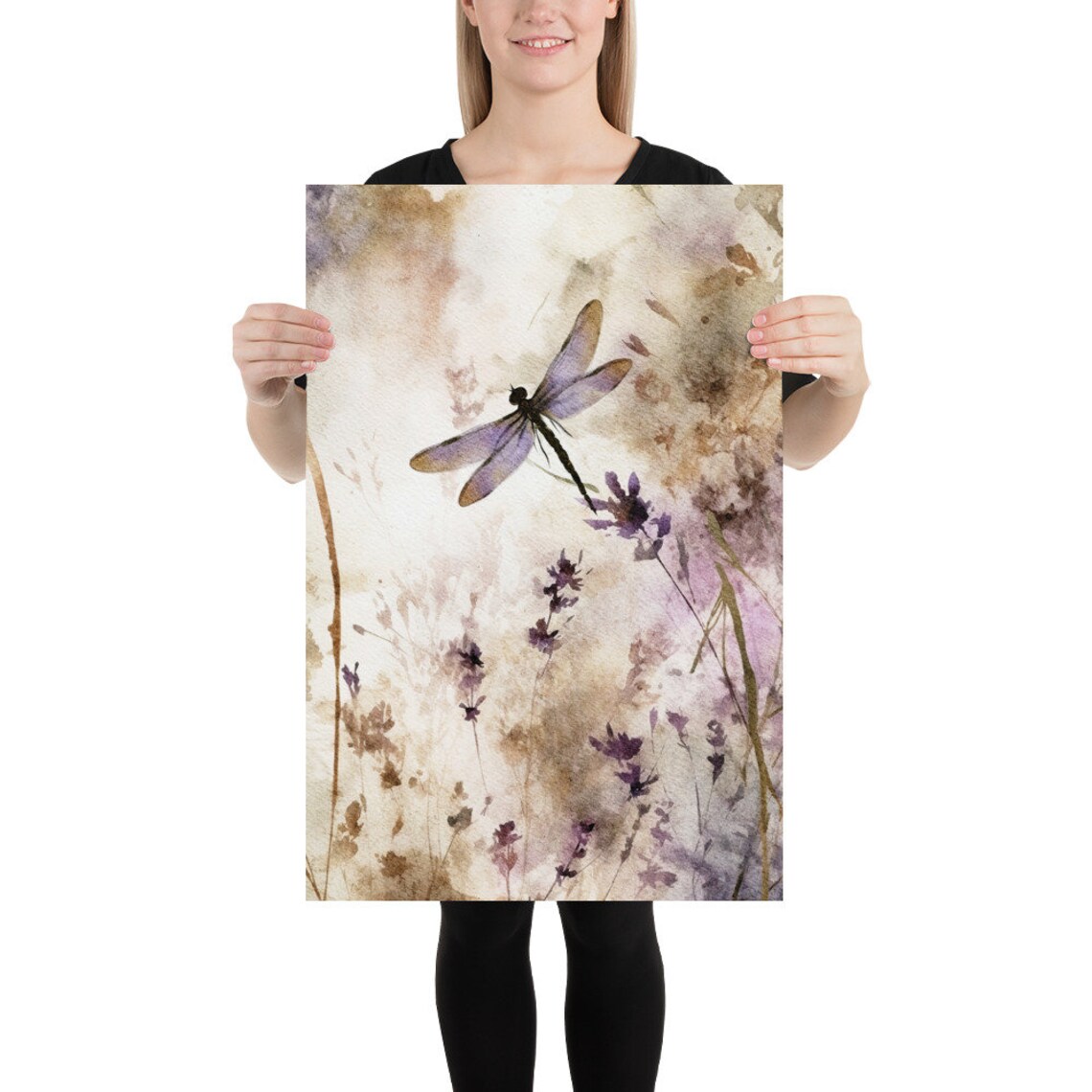Dragonfly Watercolor Lavender Floral Art Print - Image 2
