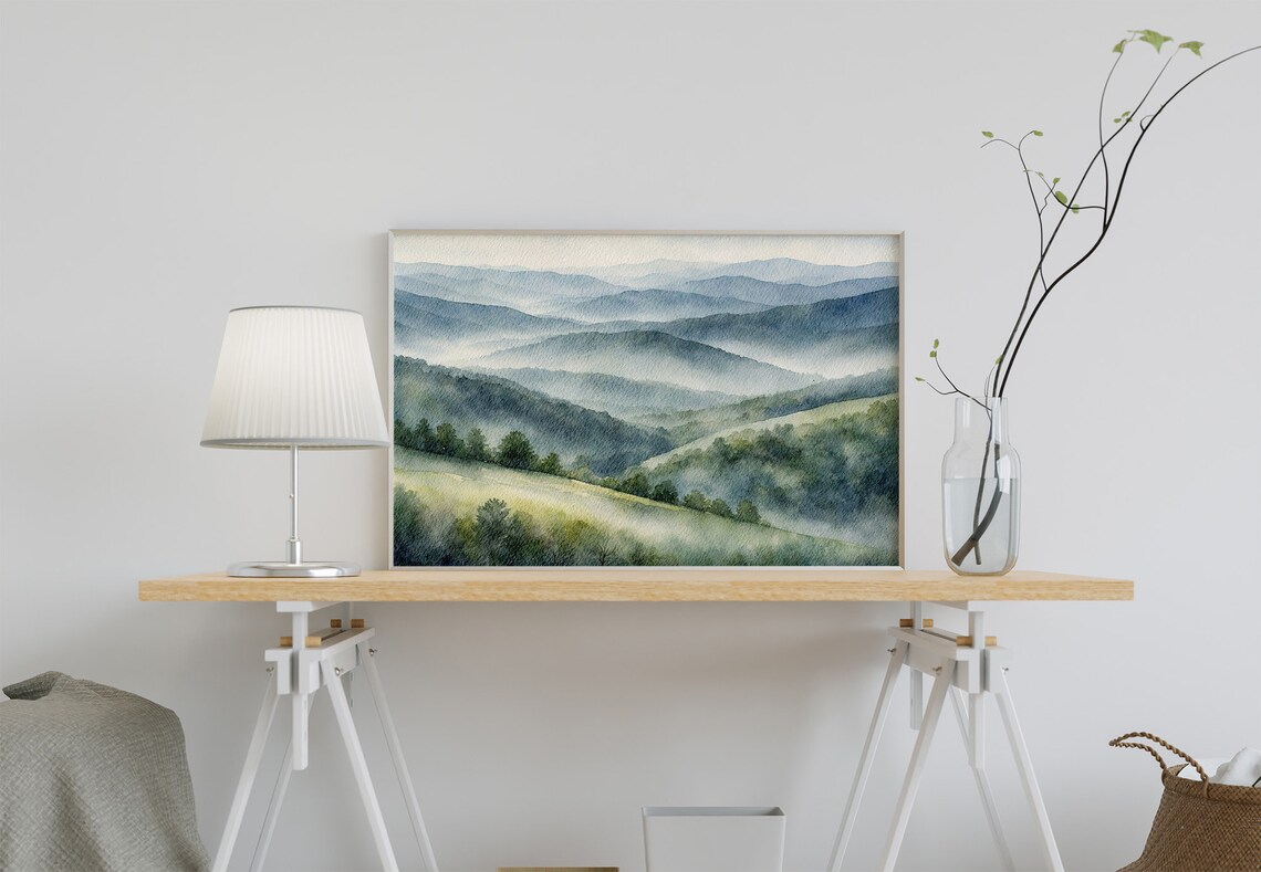 Smoky Mountains Misty Ridges Foggy Forest Watercolor Landscape Poster - Image 3