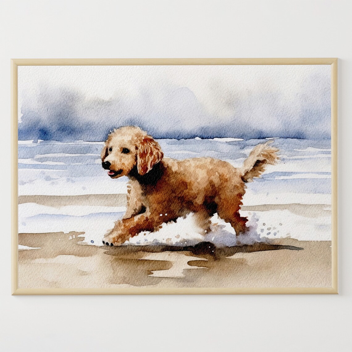Running Dog on Beach, Neutral Watercolor Art Print