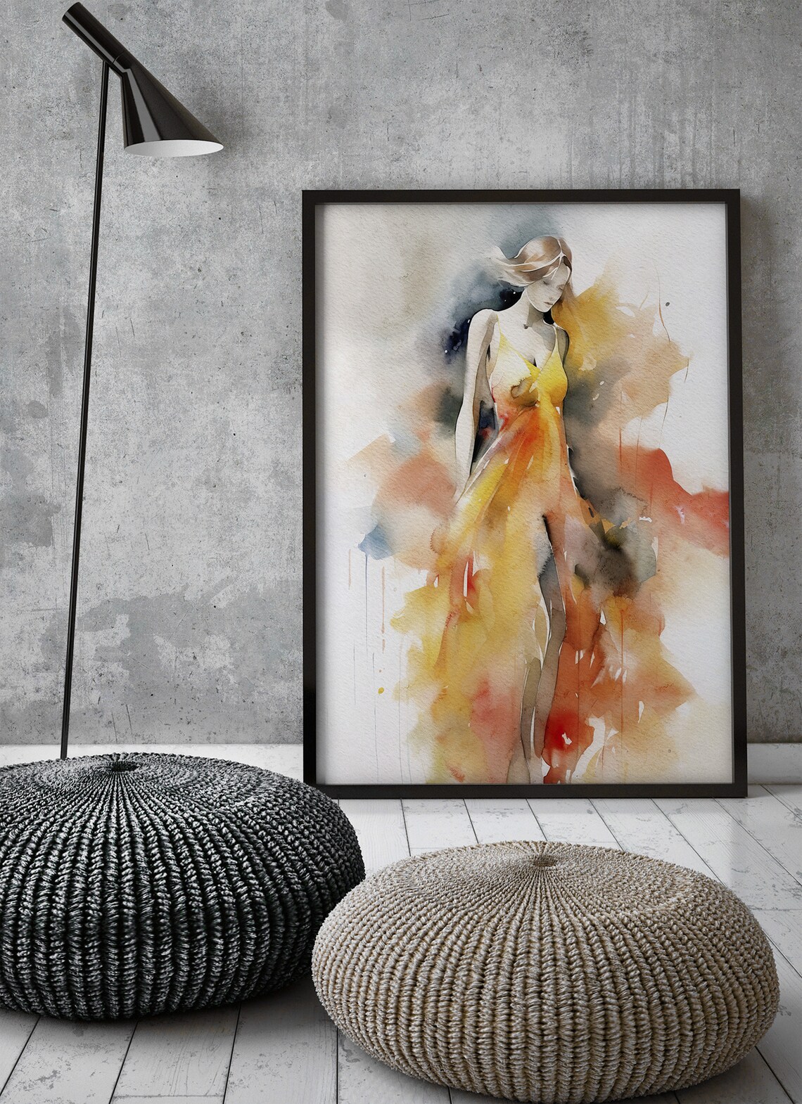 Abstract Watercolor Woman Flowing Yellow Dress Fashion Figure Art Wall Poster - Image 4