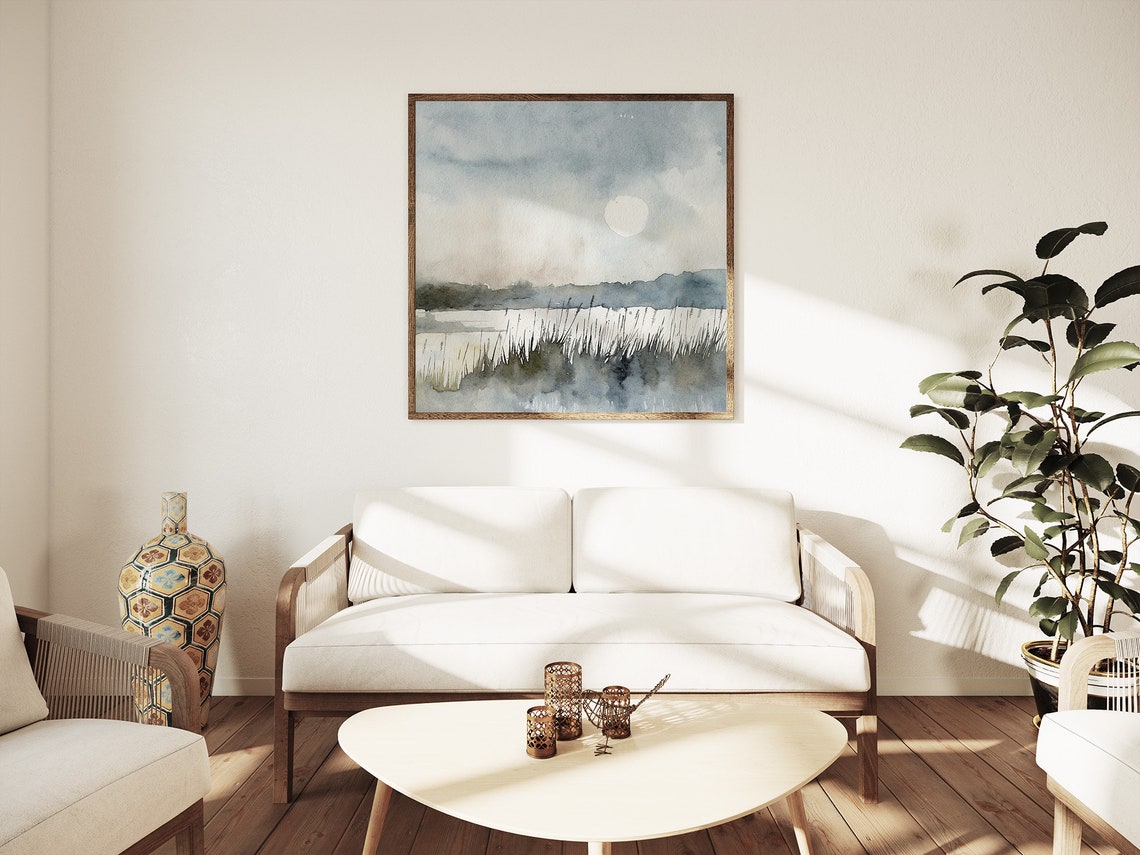 Moonlit Lake Night Watercolor Full Moon Reflecting Minimalist Poster - Image 5
