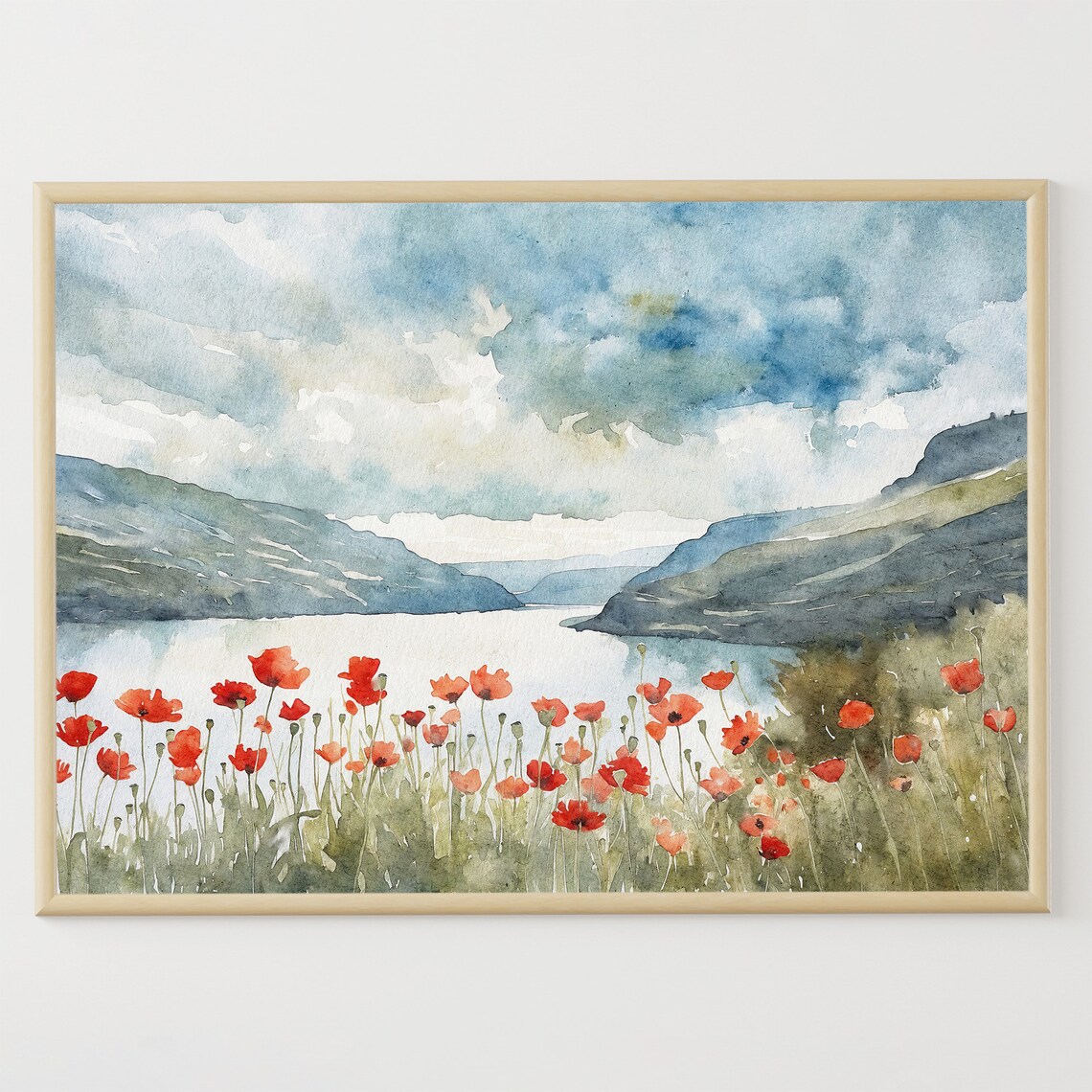 Hood River Watercolor Poppy Field, Oregon Art Print