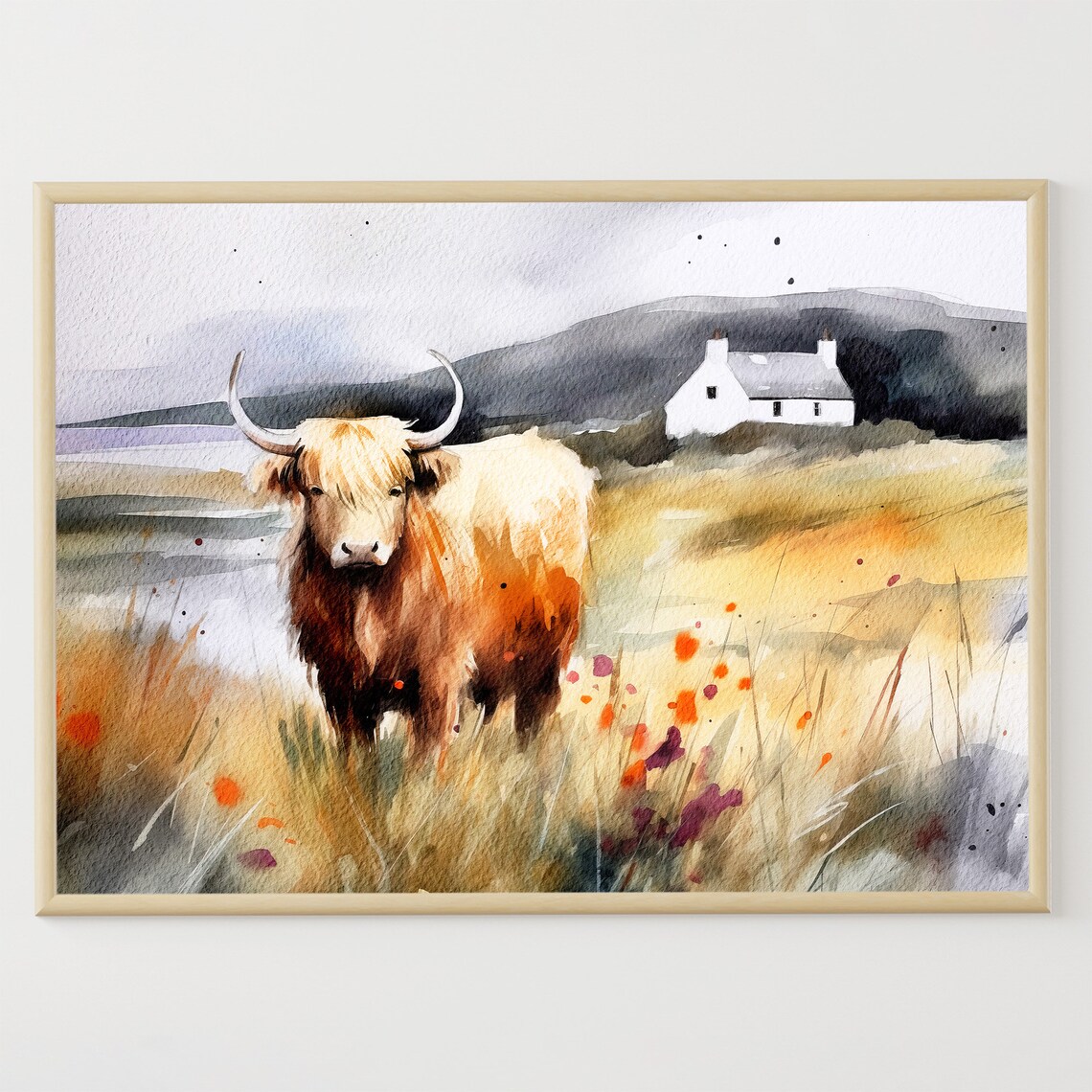 Highlands Cow Watercolor Art Print, Scotland Landscape