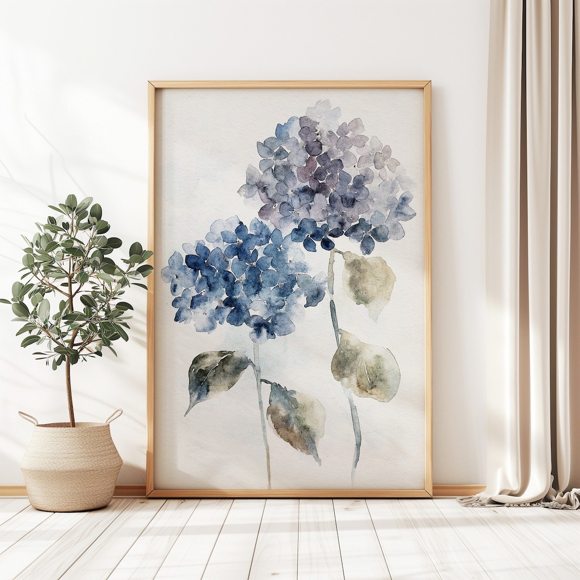 Blue Hydrangea Watercolor Art Print, Neutral Floral - Image 2