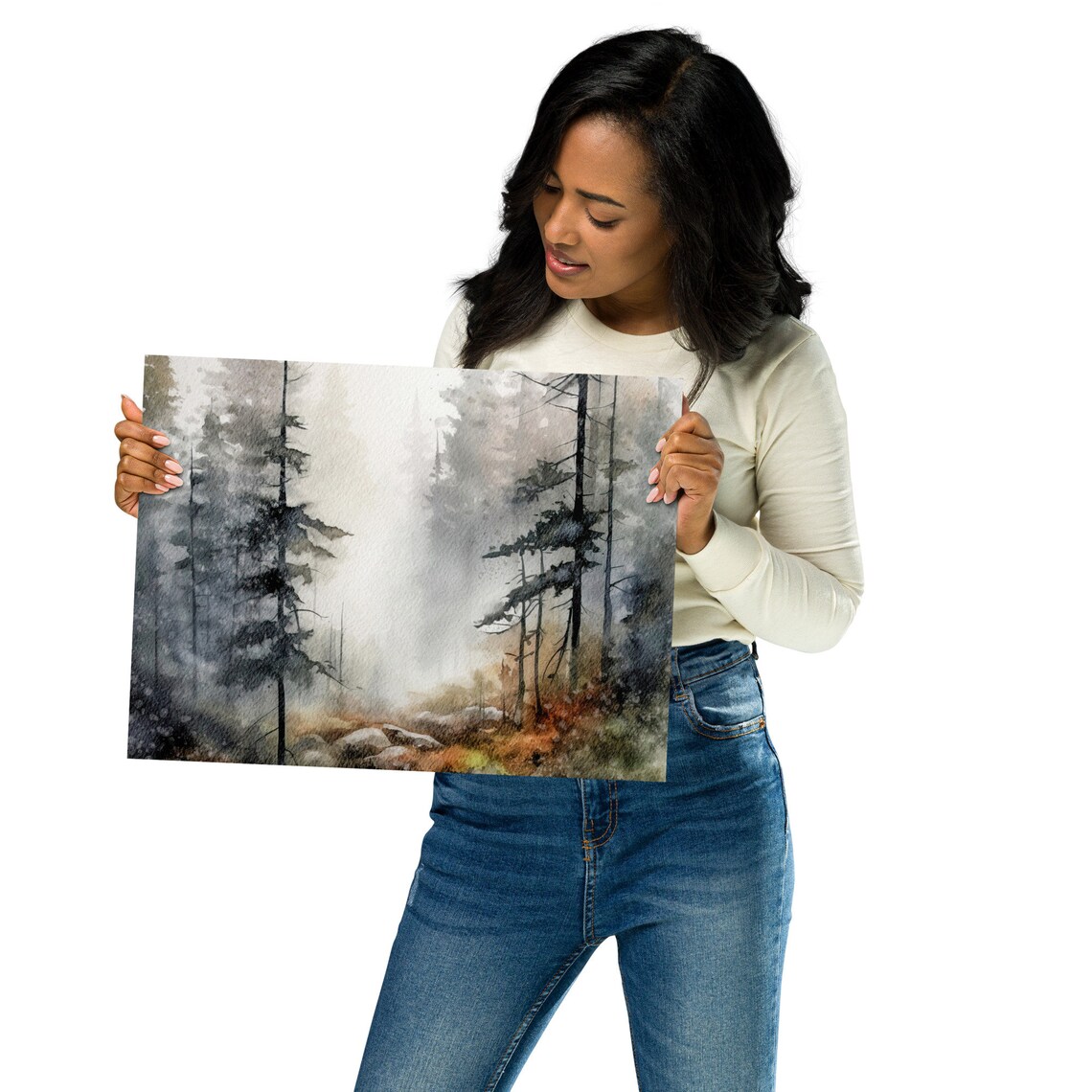 Foggy Oregon Pine Forest Watercolor Misty Tall Evergreens Woods Poster - Image 2