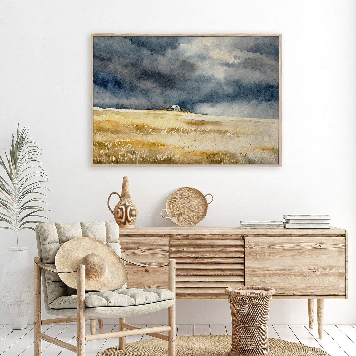Golden Wheat Field Stormy Sky Lonely Barn Countryside Art Poster - Image 4