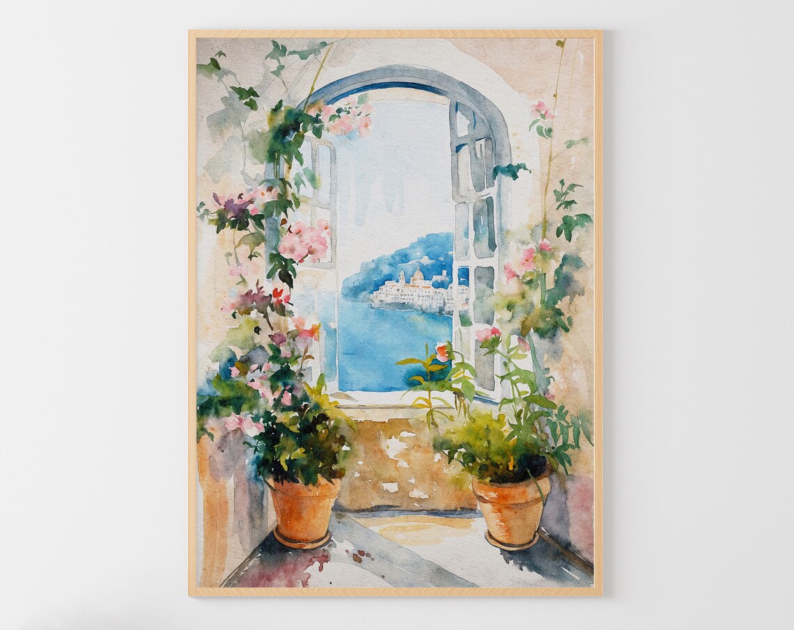 Naples Italy Window View Blue Bay Coast Town Watercolor Travel Poster