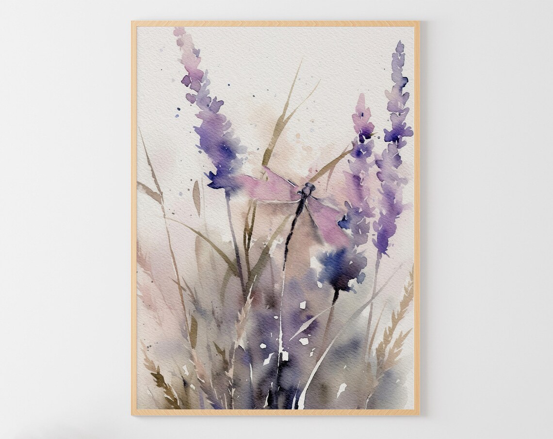 Dragonfly Watercolor Floral Art Print, Meadow Theme
