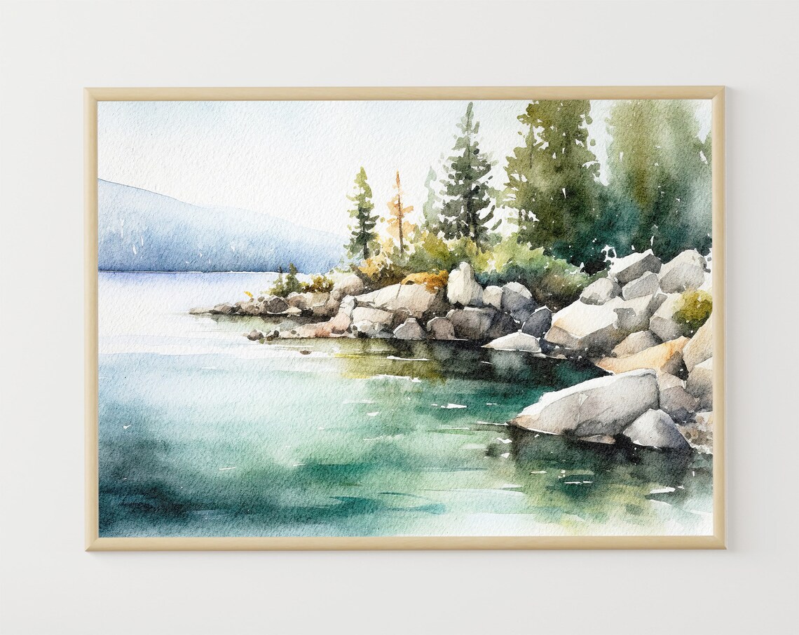 Lake Tahoe Watercolor Landscape, Mountain Lake Art Print
