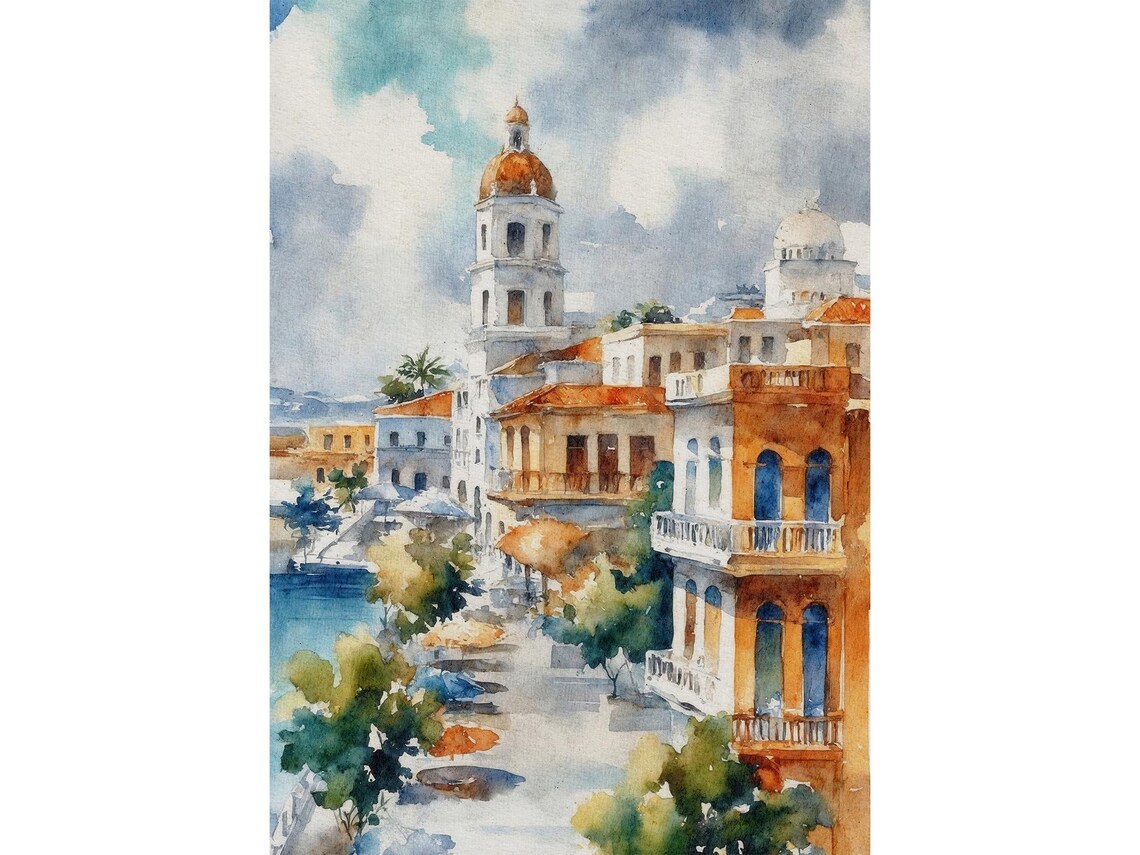 Veracruz Mexico Watercolor Art Print Colonial Cityscape Cathedral Travel Art