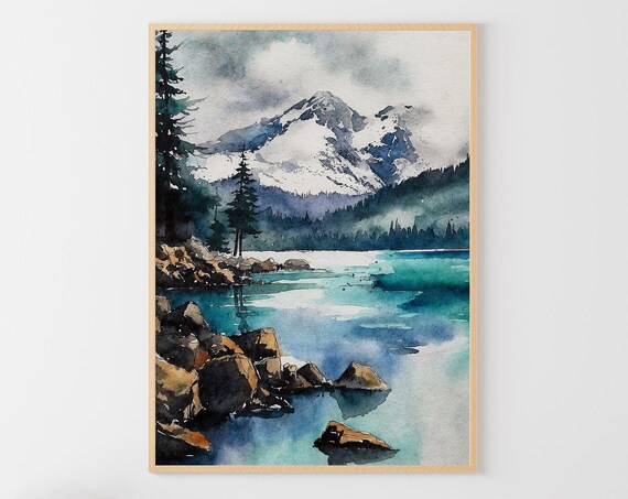 Lake Tahoe Watercolor Print California Painting Mountain Lake Artwork Rocky Shores Art Pine Forest Landscape Wall Art