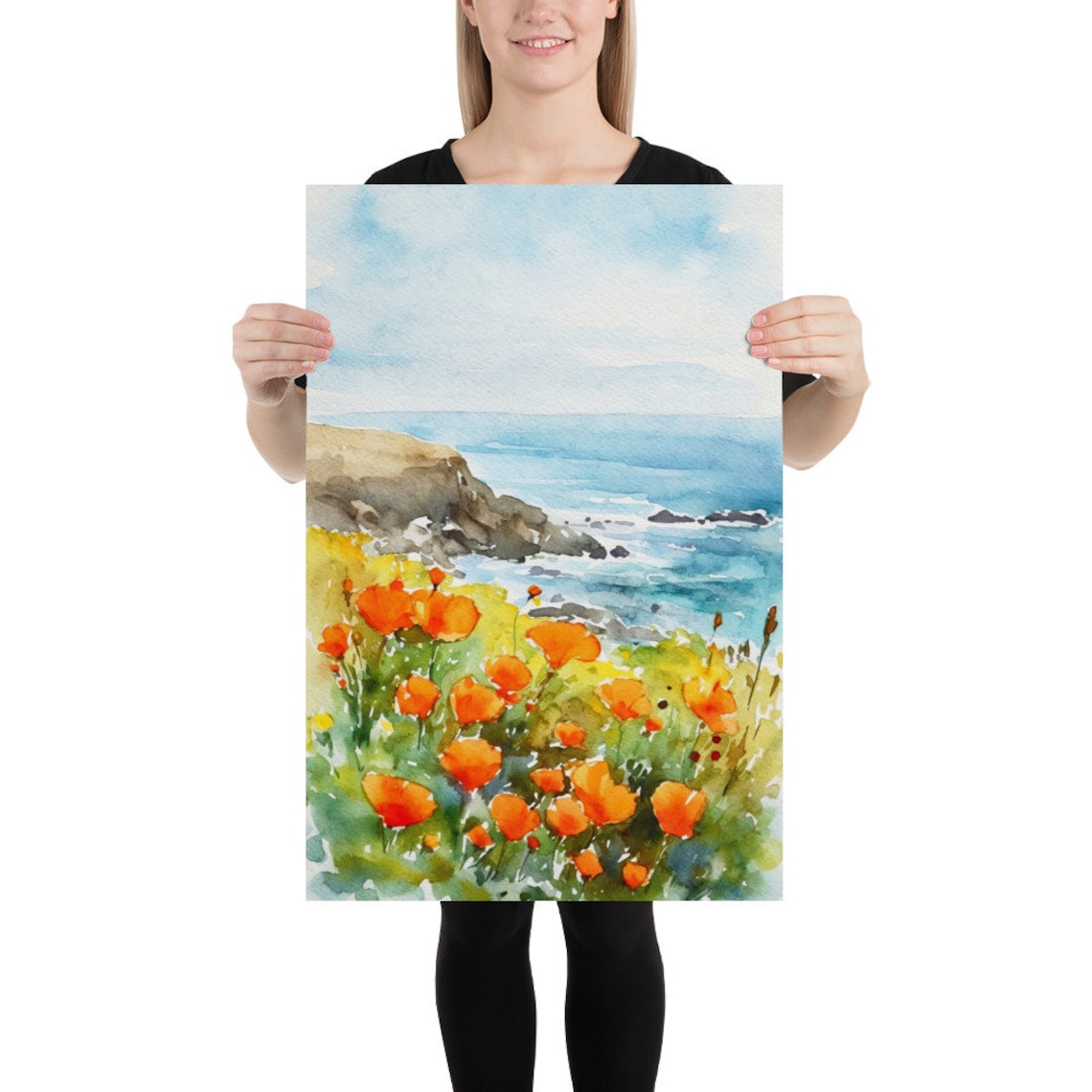Big Sur California Poppy Watercolor Landscape Poster - Image 2