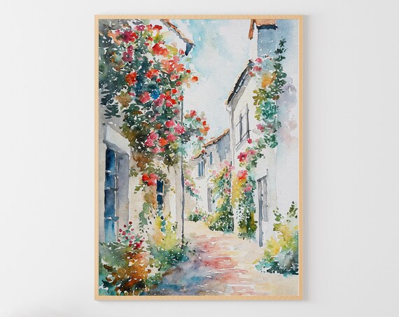 Portofino Italy Flower Street Blooming Village Watercolor Travel Poster