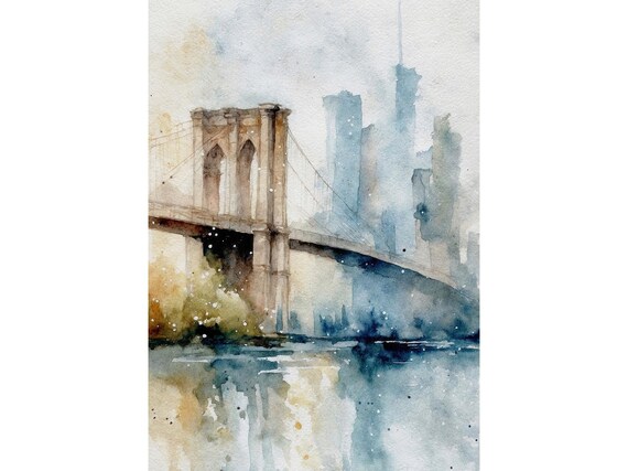 Brooklyn Bridge New York Watercolor Print Misty Manhattan Skyline Art