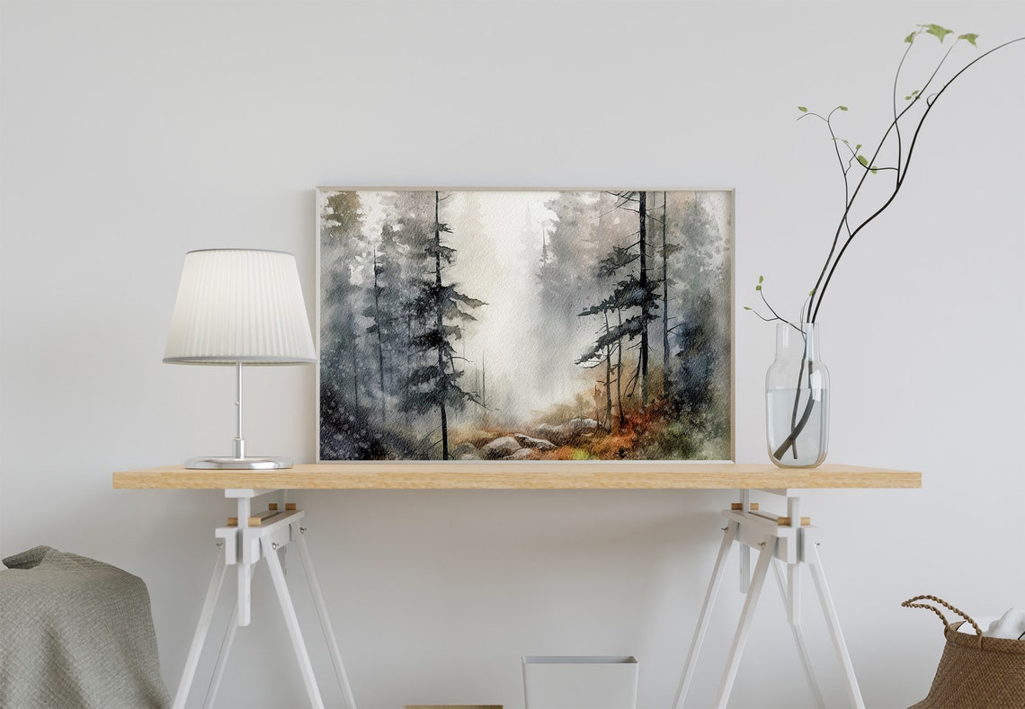 Foggy Oregon Pine Forest Watercolor Misty Tall Evergreens Woods Poster - Image 4