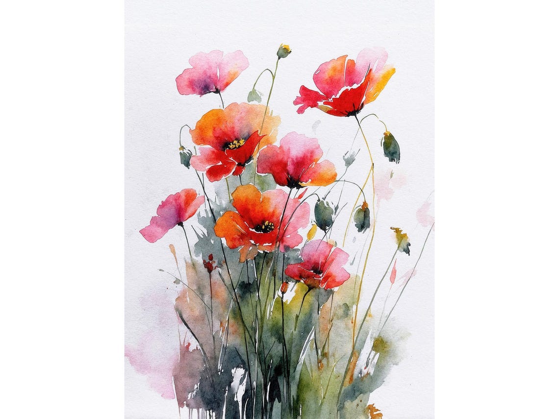 Red Poppy Flowers Watercolor Meadow Botanical Springtime Print