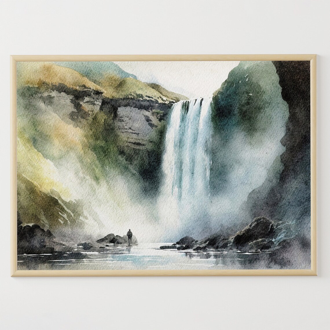 Skogafoss Watercolor Travel Poster, Iceland Sudurland