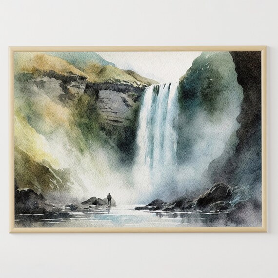 Skogafoss Watercolor Travel Poster, Iceland Sudurland