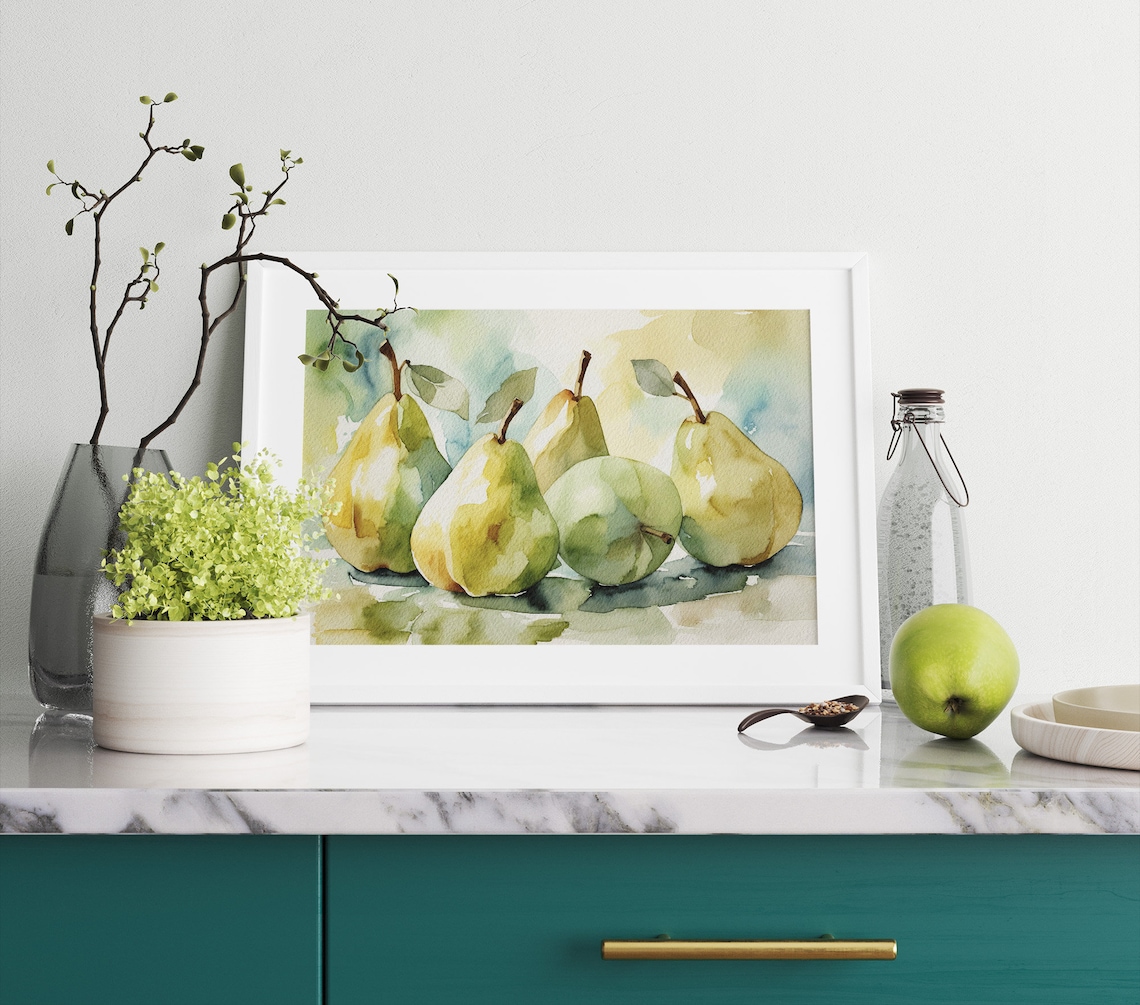 Pear Still Life Watercolor Art Print, Kitchen Decor - Image 3