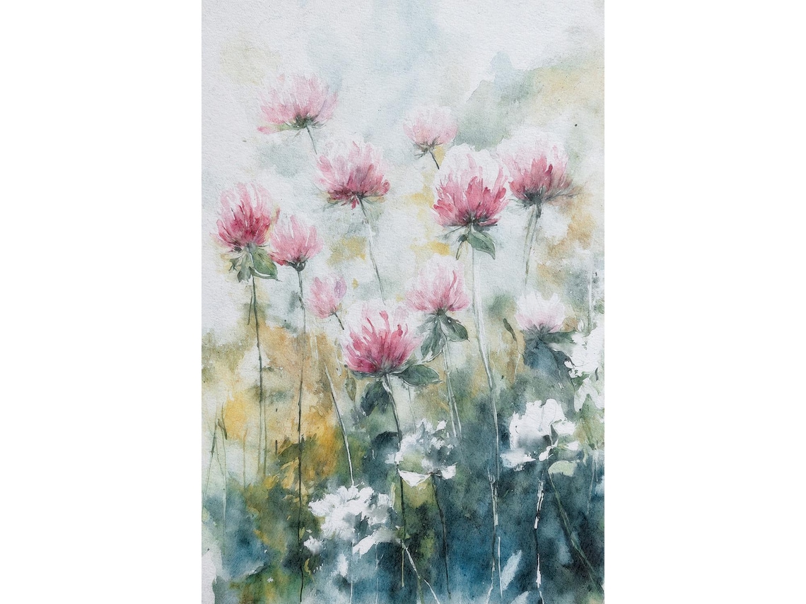 Pink Red Clover Wildflowers Watercolor Botanical Meadow Print