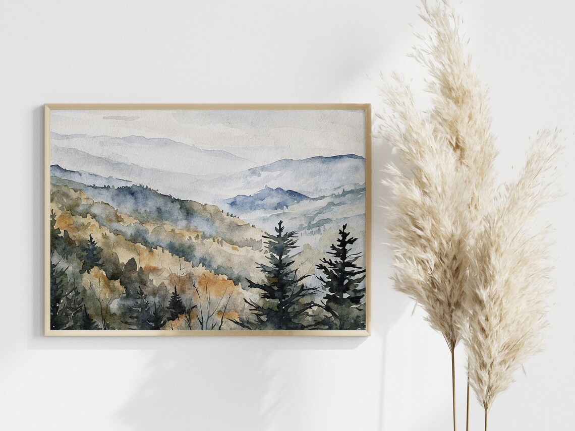 Smoky Mountains Blue Ridge Layered Peaks Mist Watercolor Art Poster - Image 4