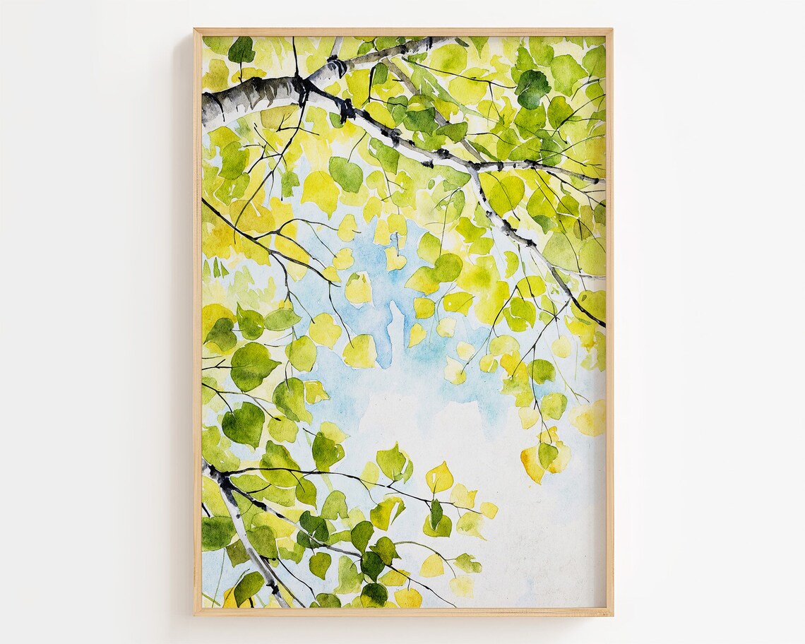 Spring Birch Leaves Watercolor Art Print, Nature