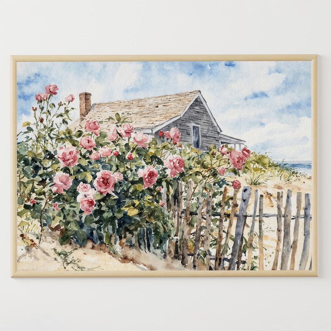 Beach House Watercolor Print, Cape Cod Roses Garden