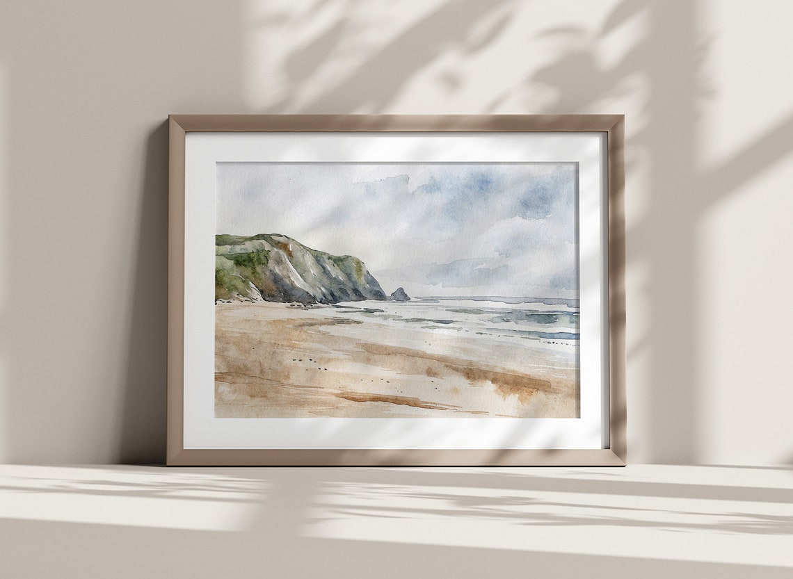 Cornwall England Sandy Beach Cliffs Neutral Seascape Art Poster - Image 2