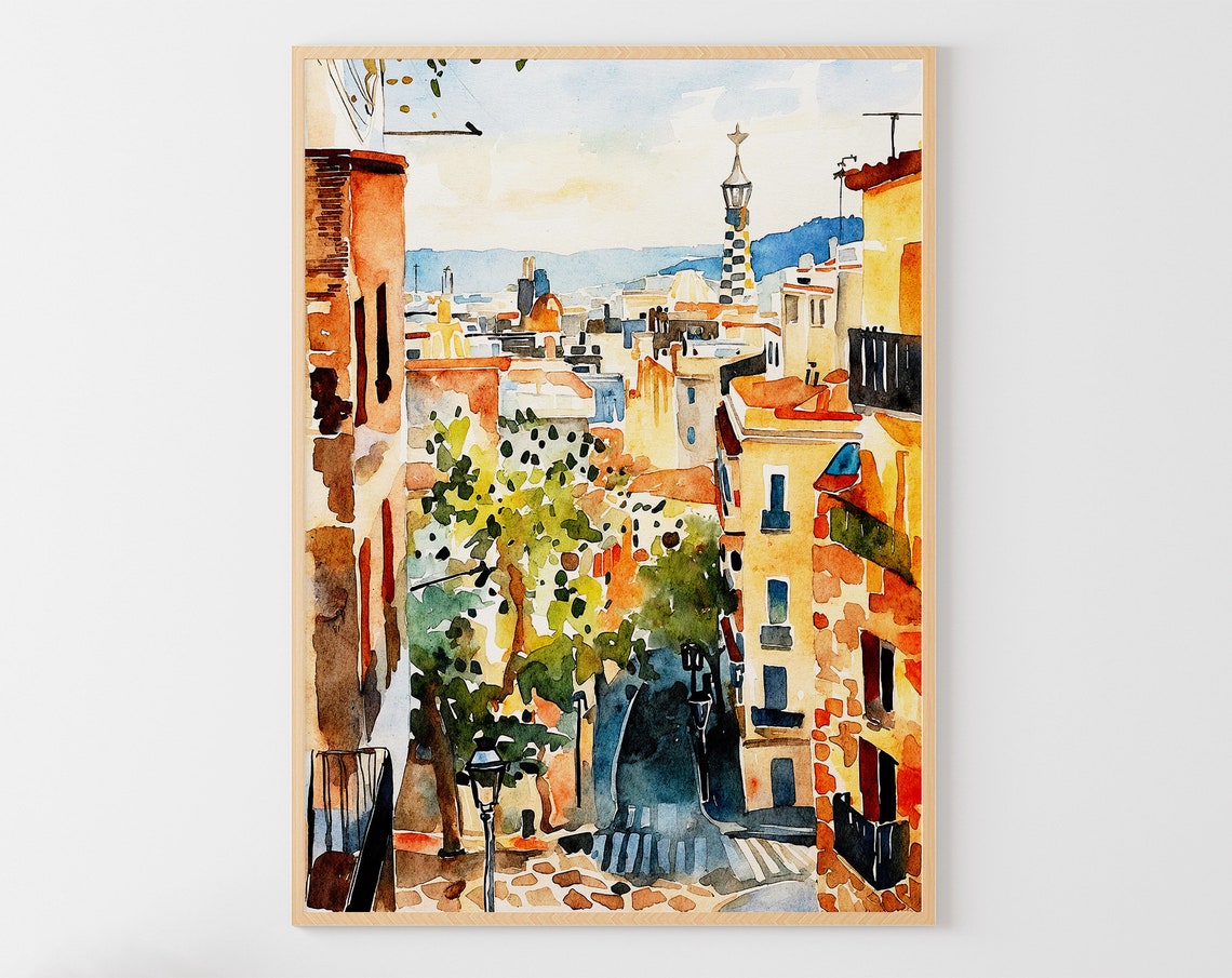 Barcelona Old Town Street Park Guell Tower Watercolor Cityscape Poster