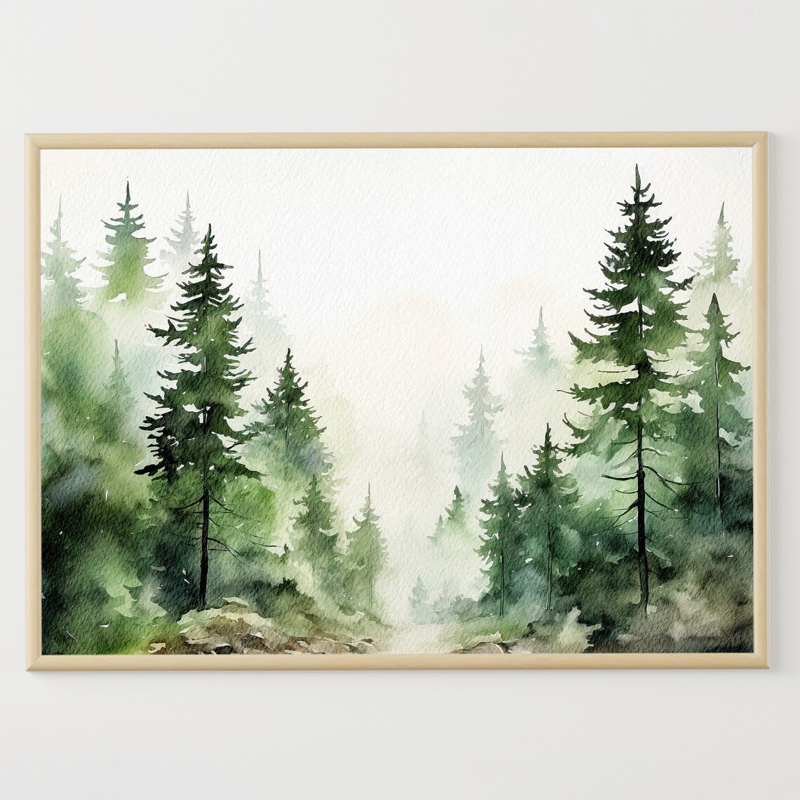 Evergreen Trees Watercolor Art Print, Misty Forest