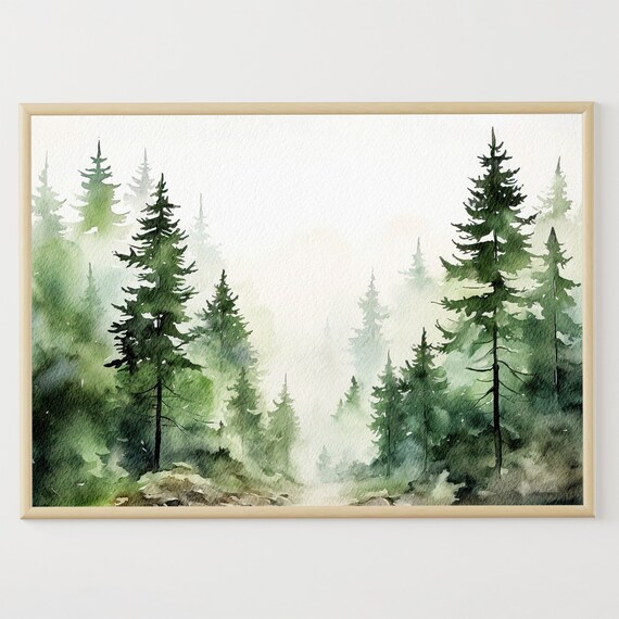 Evergreen Trees Watercolor Art Print, Misty Forest