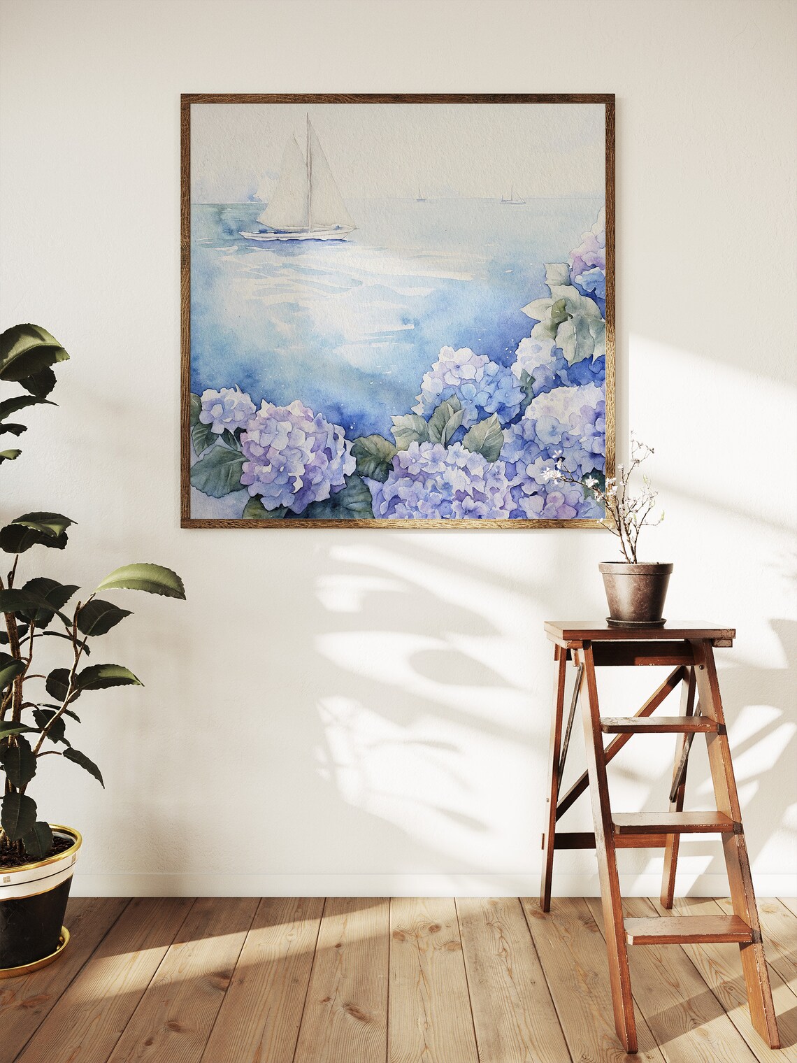 Cape Cod Sailboat Blue Hydrangeas Nautical Beach House Watercolor Poster - Image 5