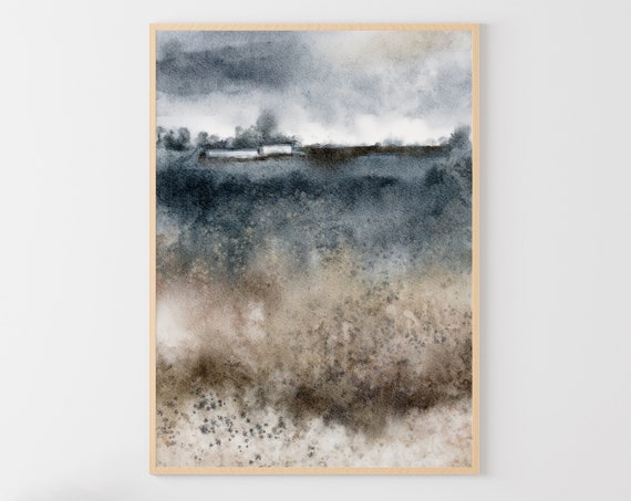 Country Landscape Watercolor Neutral Wall Art Farmhouse Painting Field Art Print Beige Blue Abstract Landscape