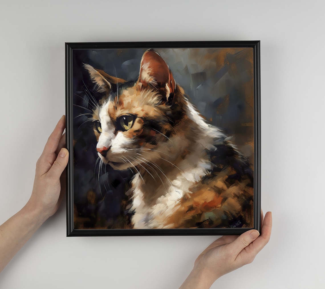 Calico Cat Oil Painting Art Print, Cat Wall Decor - Image 3