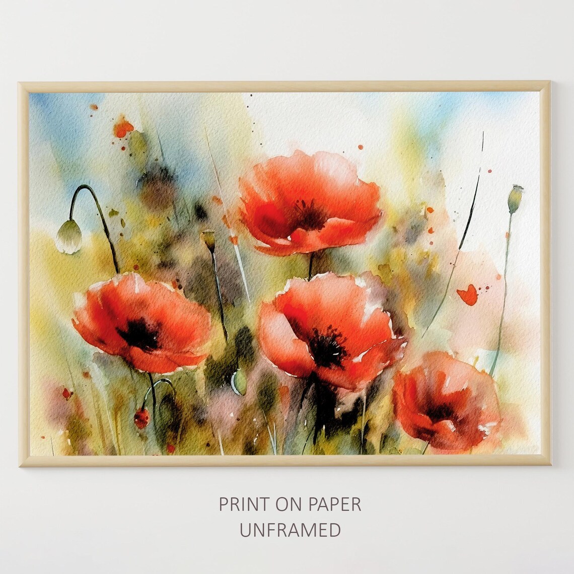 Poppy Field Watercolor Art Print, Floral Wall Decor