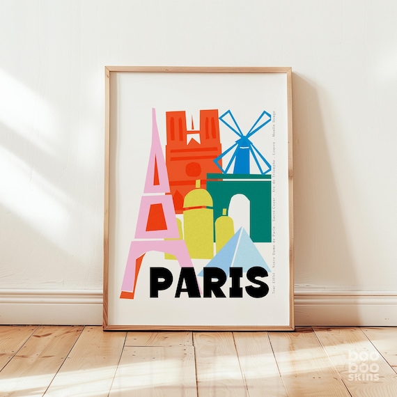 Paris France Colorful Landmarks Mid Century Modern Travel Poster