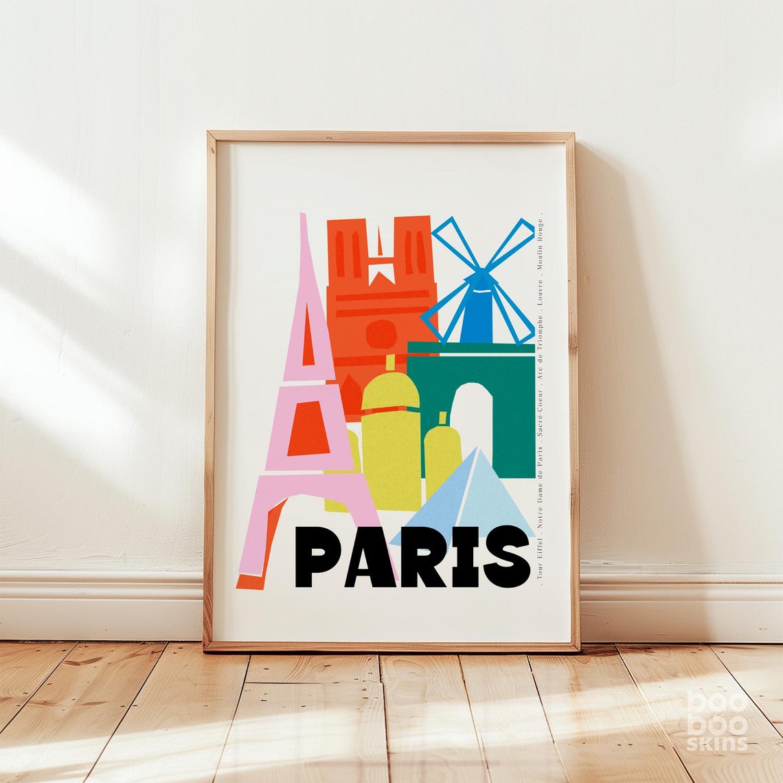 Paris France Colorful Landmarks Mid Century Modern Travel Poster