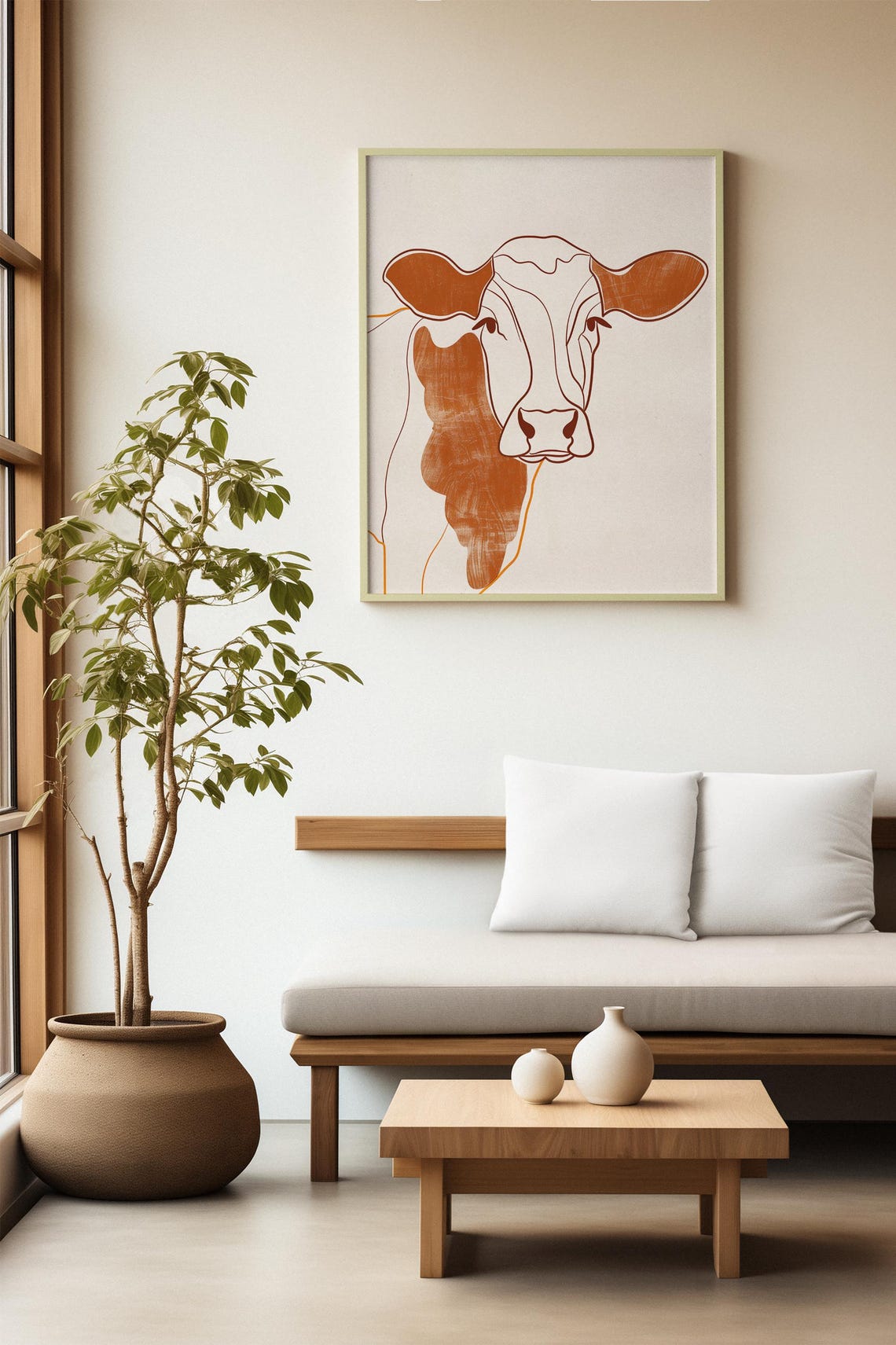 Elegant Terracotta Line Portrait of a Cow on Soft Beige Poster - Image 6
