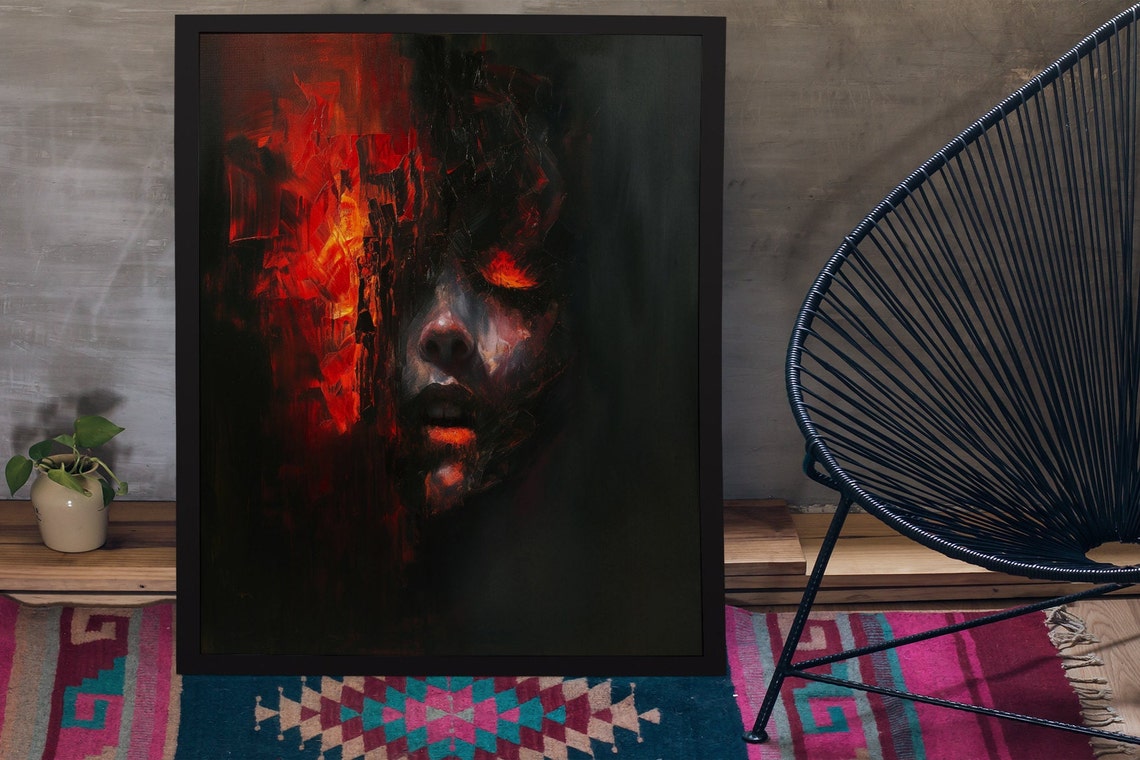 Demonic Face Engulfed in Fire Dark Horror Oil Painting Gothic Poster - Image 4